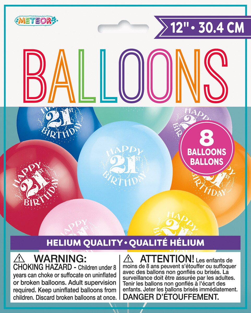 Happy Birthday "21" 8 x 30cm (12") Balloons - Assorted Colours