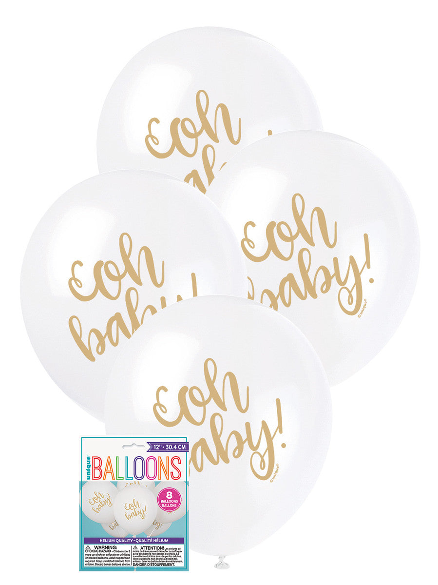 OH BABY 30CM (12") BALLOONS - WHITE 8pk