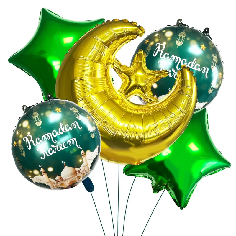 Ramadan Kareem Foil Balloon Set – Gold Moon Star 5pk