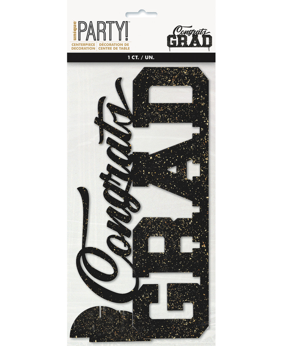 BLACK WITH GOLD FLECK "CONGRATS GRAD" PLASTIC CENTREPIECE 28CM (11")
