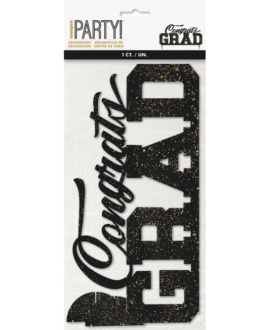 BLACK WITH GOLD FLECK "CONGRATS GRAD" PLASTIC CENTREPIECE 28CM (11")