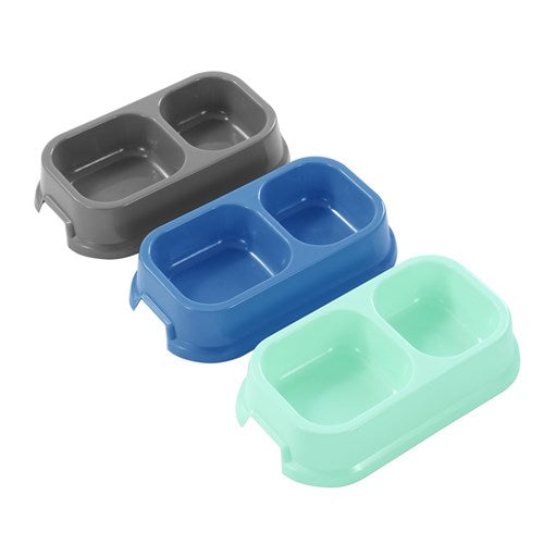 PET ESSENTIALS DUAL PET BOWL SMALL SQ 24.5X14.5X5.5CM GREY BLUE AQUA