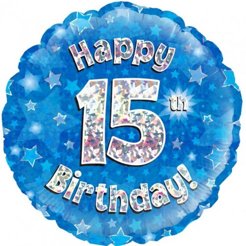 Blue Holographic Happy 15th Bday (227956) Round Balloon 1pc NIS Packaging & Party Supply