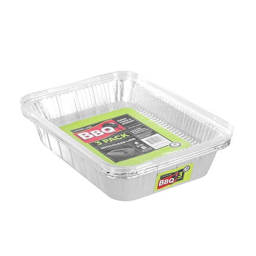 FOIL TRAY W/ PLASTIC LID 3PK 37X27X7CM NIS Packaging & Party Supply