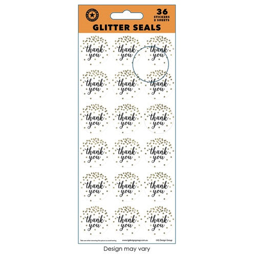 GLITTER THANK YOU Seals 36 Stickers 2 sheets NIS Packaging & Party Supply