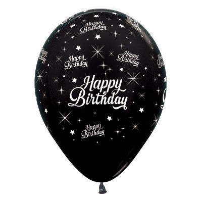 Happy Birthday Twinkling Stars Metallic Black Latex Balloons 30cm NIS Traders