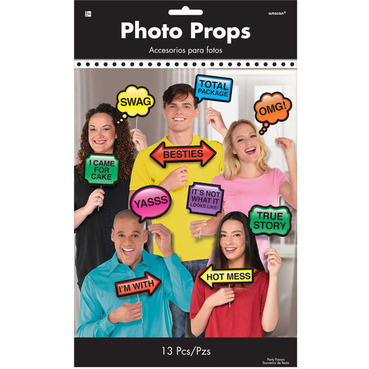 Photo Booth Props Trendy Phrases 13 x Assorted Sizes & Shapes NIS Traders