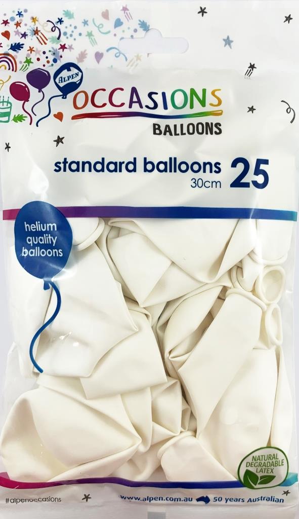Buy Standard White Balloons 30cm 25pk at NIS Packaging & Party Supply Brisbane, Logan, Gold Coast, Sydney, Melbourne, Australia