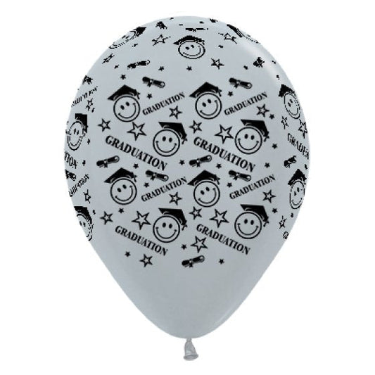 Sempertex 30cm Graduation Smiley Faces Satin Pearl Silver Latex Balloons, 6pk